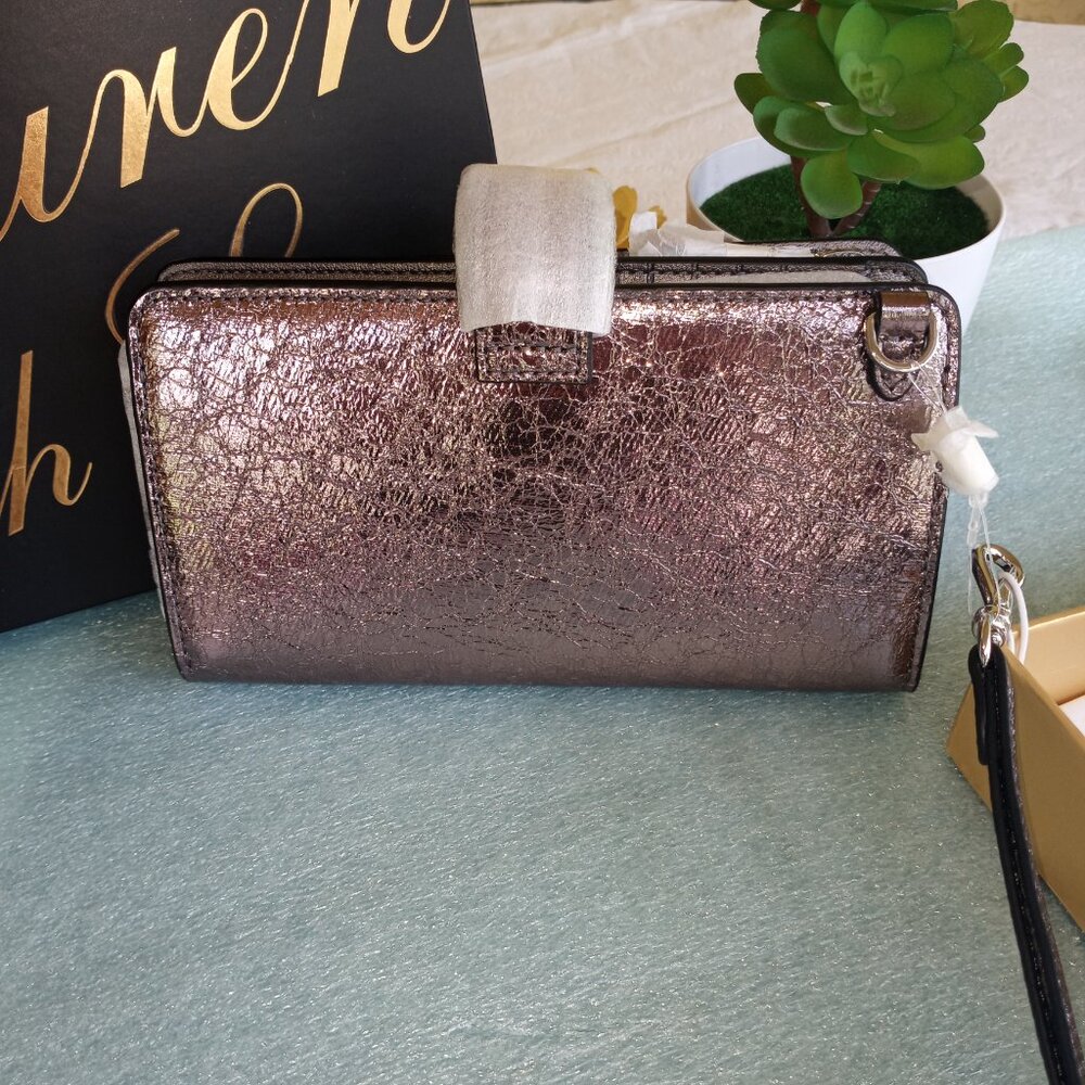 Lauren Ralph Lauren gunmetal crinkled metallic tech wristlet wallet clutch